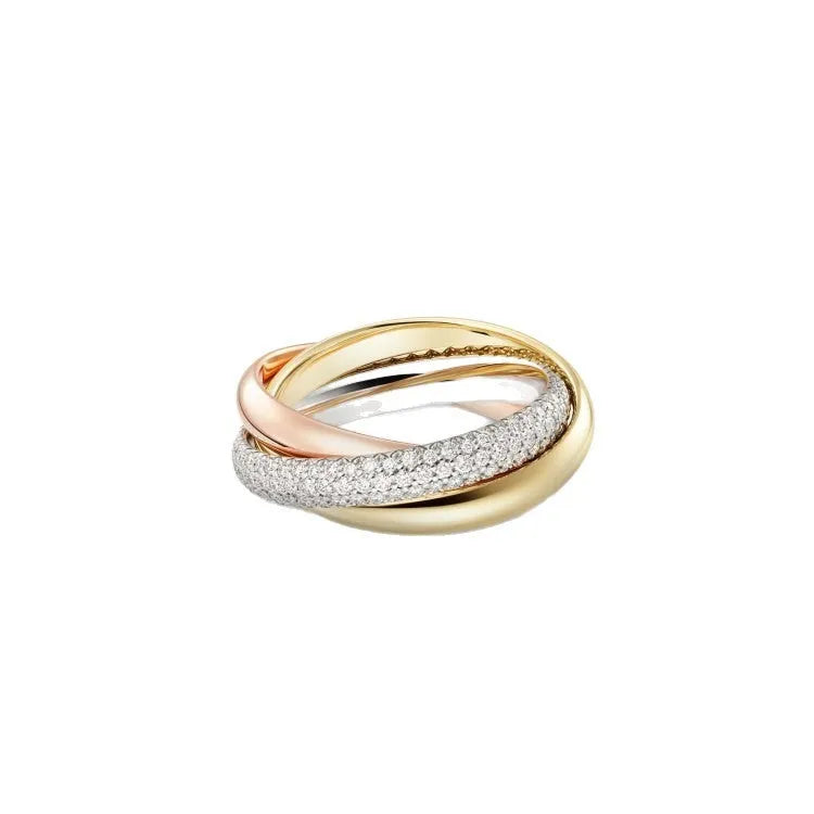 Geometric U-shaped sterling silver couple ring with a channel of sparkling diamonds, shown in a gold rose finish.