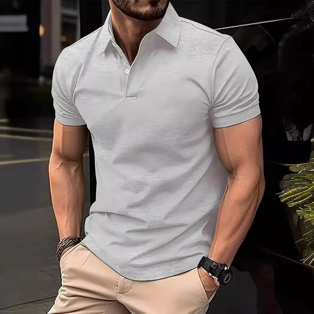 Men's slim fit solid colour short sleeve button shirt on a hanger.