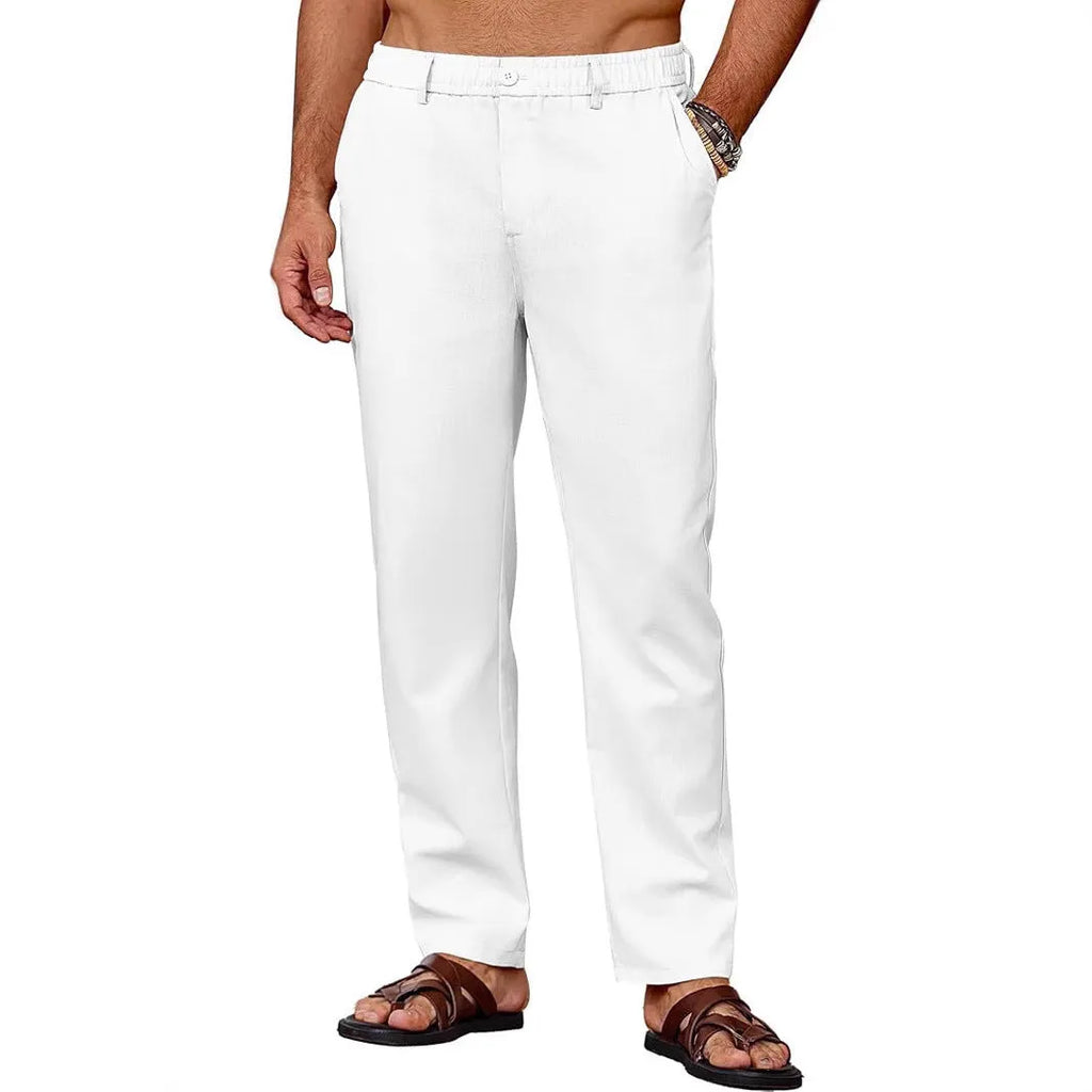 Men's casual straight leg drawstring pants in polyester with slight stretch, full length, low waist, spring trousers