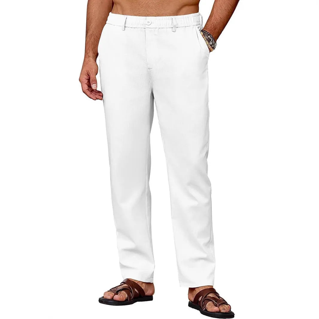 Men's casual straight leg drawstring pants in polyester with slight stretch, full length, low waist, spring trousers