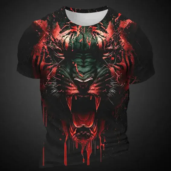 Men's 3D tiger pattern t-shirt showing digital printed design on polyester fabric
