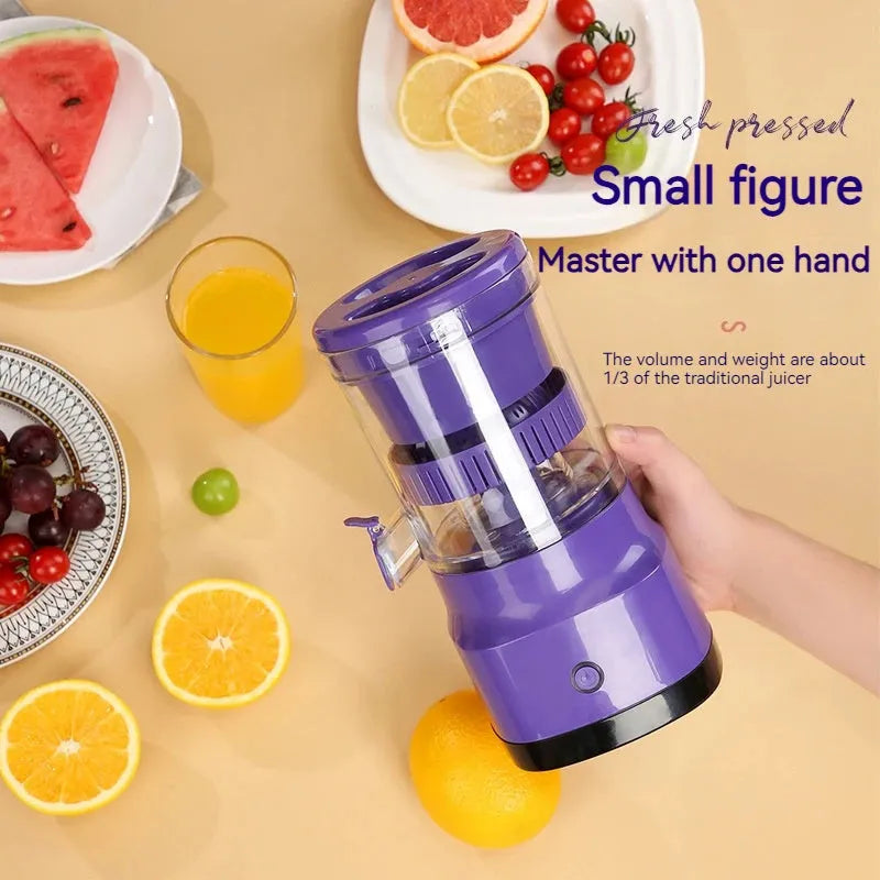 Purple USB rechargeable electric citrus juicer with detachable cone and 400 ml container.