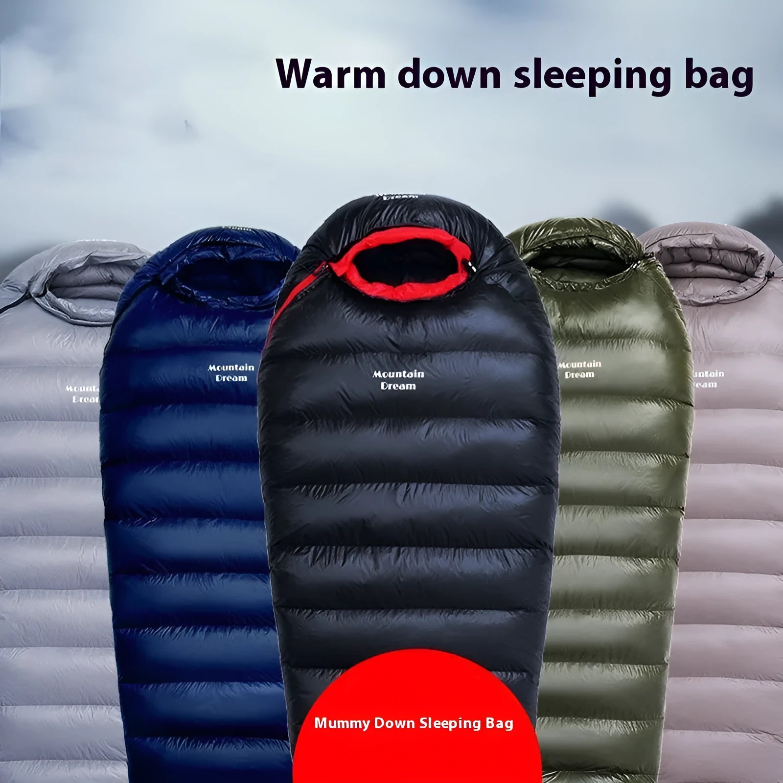 Ultralight mummy sleeping bag in army green colour with white duck down filler and water-repellent nylon fabric.