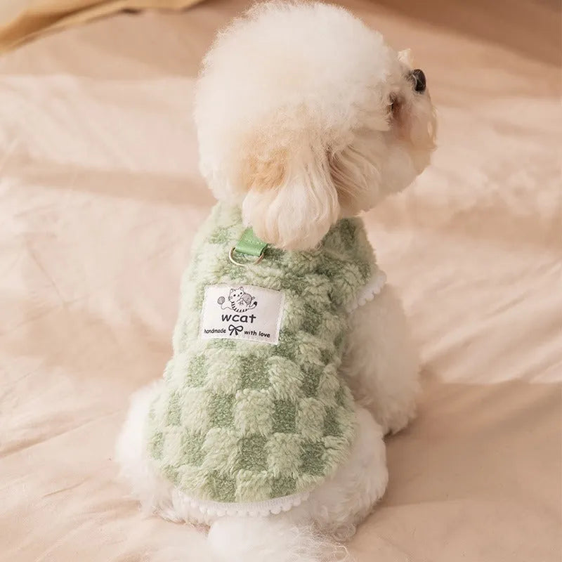 Autumn winter Korean dog hoodie in green with cute cartoon bear print for small medium pets