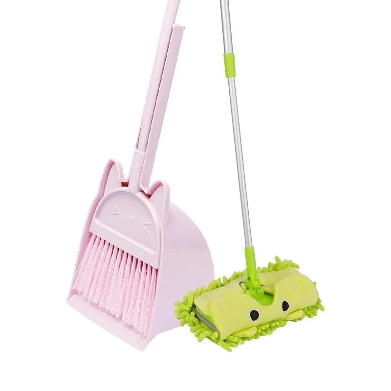 Purple, green, and beige plastic broom and dustpan set with a rotating brush head.