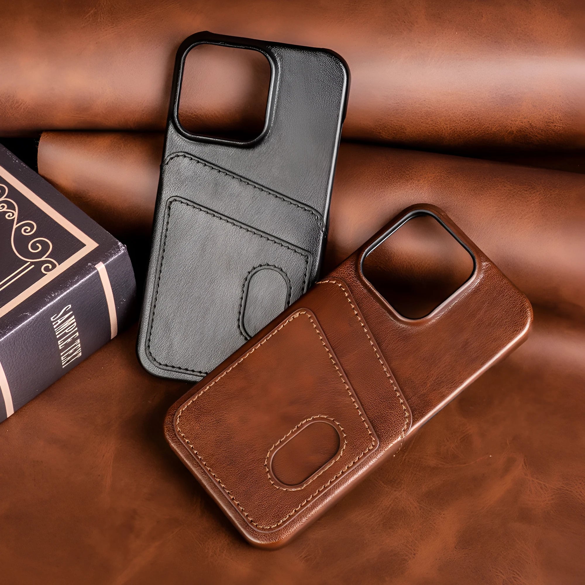 PU leather flip phone case in brown showing front cover with card slot, fits iPhone 13 series models