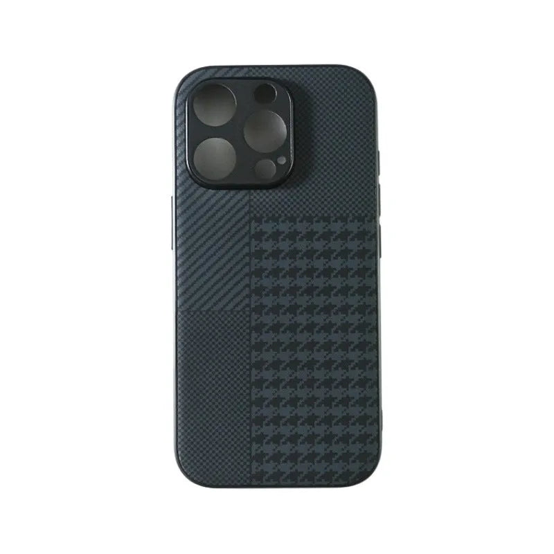 Black pattern imitation leather anti-fall iPhone case, shockproof and fingerprint-proof, for iPhone 11-16 Pro Max