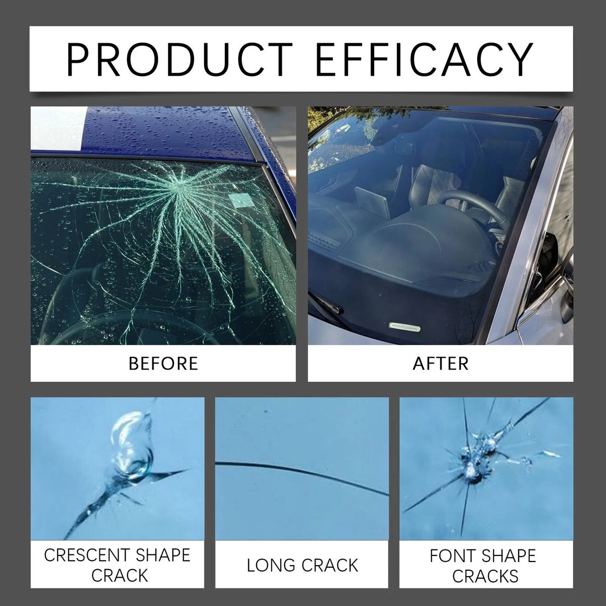 Windshield crack repair kit with 20ml fluid bottle, PET blade, and five cured films for car glass repair.