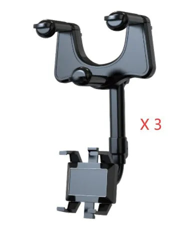 Black rearview mirror phone holder with 360° rotation and telescopic arm extended