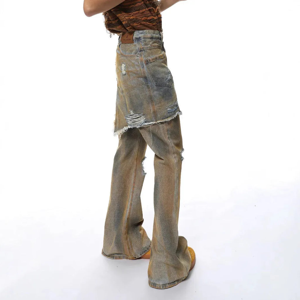 American Street loose hole bootcut trousers in denim, showing high waist, straight leg, and button fly detail.