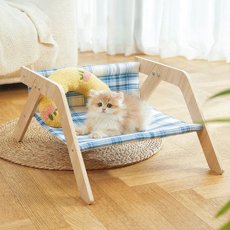 Wooden frame cat hammock bed with soft cloth seat in blue colour