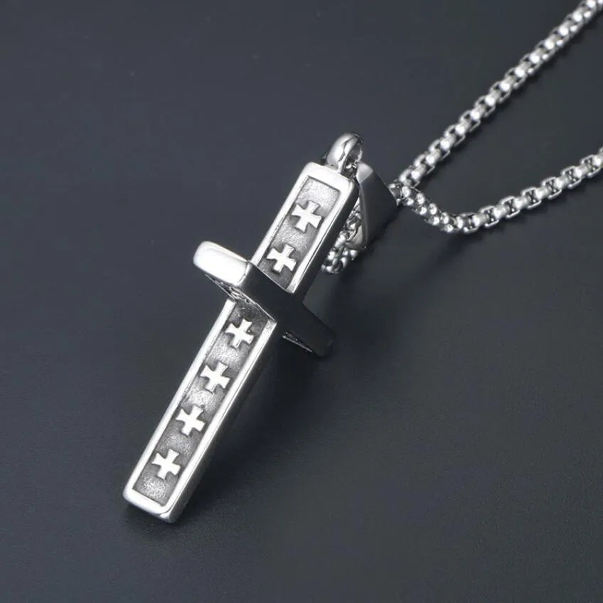 Titanium steel religious necklace with bowknot alloy pendant and pearl chain, adjustable 51-80cm, unisex