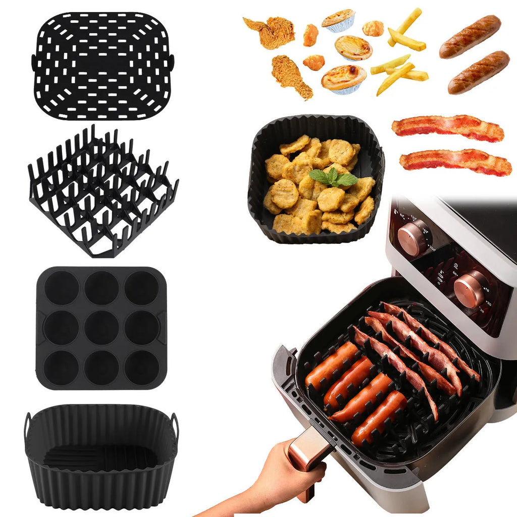 Black square silicone baking tray set for air fryer, four pieces, modern simple style