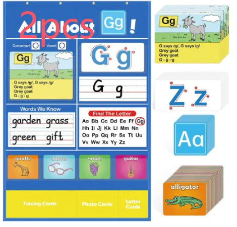 Creative Letters Learning Sleeve Table Chart, a blue fabric play mat with card sleeves, surrounded by letter, picture, and word cards.