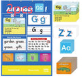 Creative Letters Learning Sleeve Table Chart, a blue fabric play mat with card sleeves, surrounded by letter, picture, and word cards.
