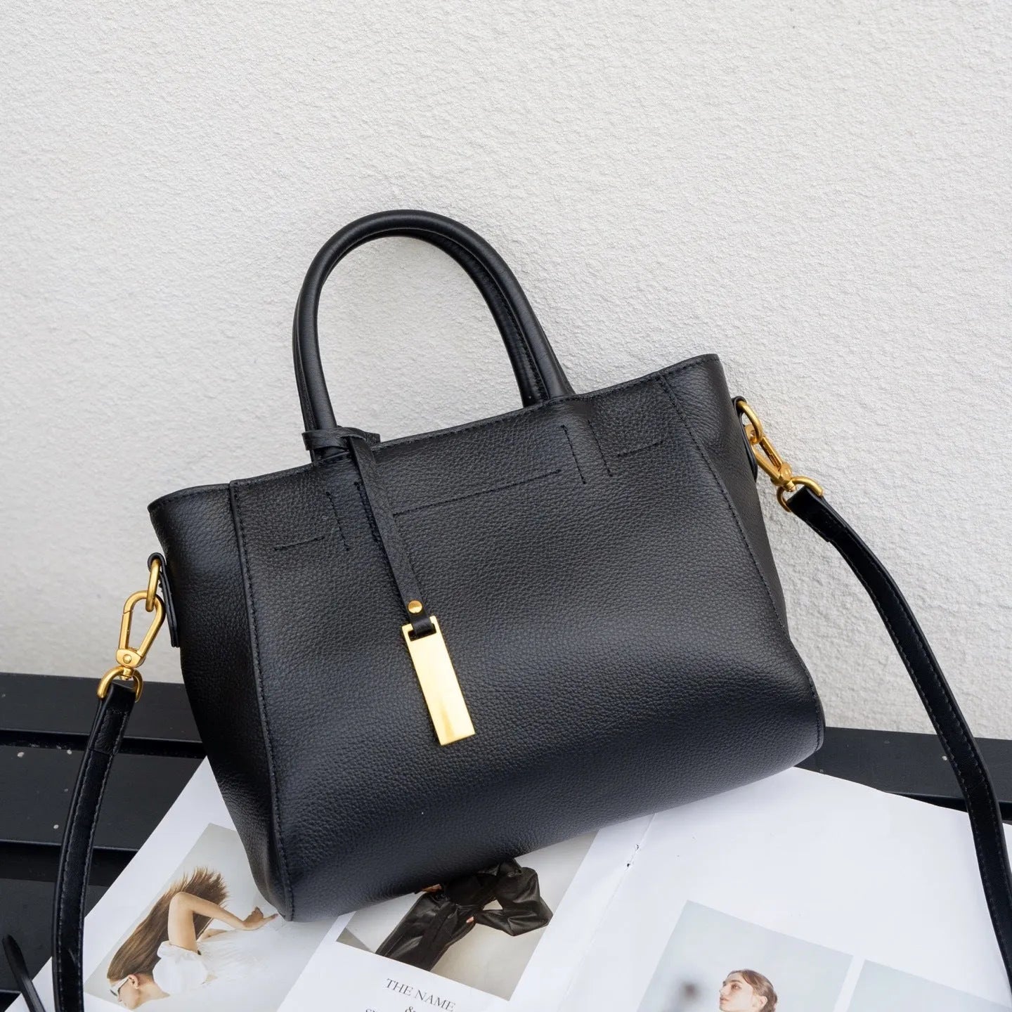 Genuine leather women handbag horizontal square shape first layer cowhide soft with sewing line detailing daily matching bag