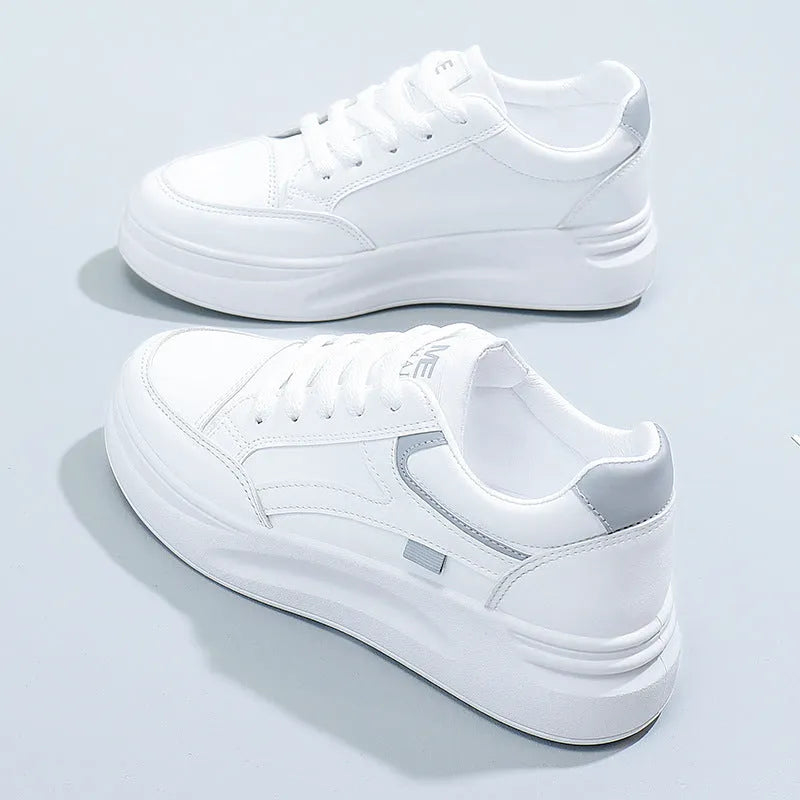 Women's casual sports board shoes artificial leather round toe lace-up solid colour white and green
