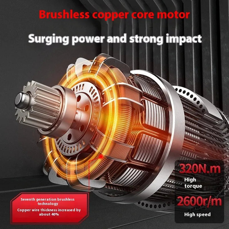 Brushless electric drill rechargeable 21V 400W with 10mm chuck and two batteries on a workbench