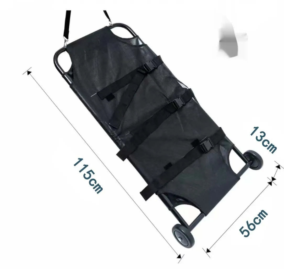 Black aluminium alloy folding pet stretcher for large dogs and emergency animal transfer.