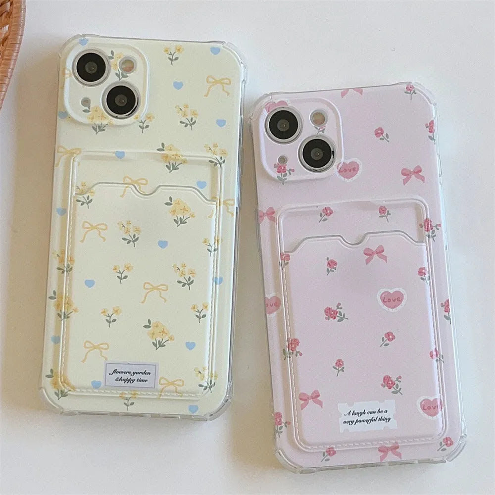 Small broken flower phone case with card holder slot, pink full-screen floral design, TPU material, for iPhone