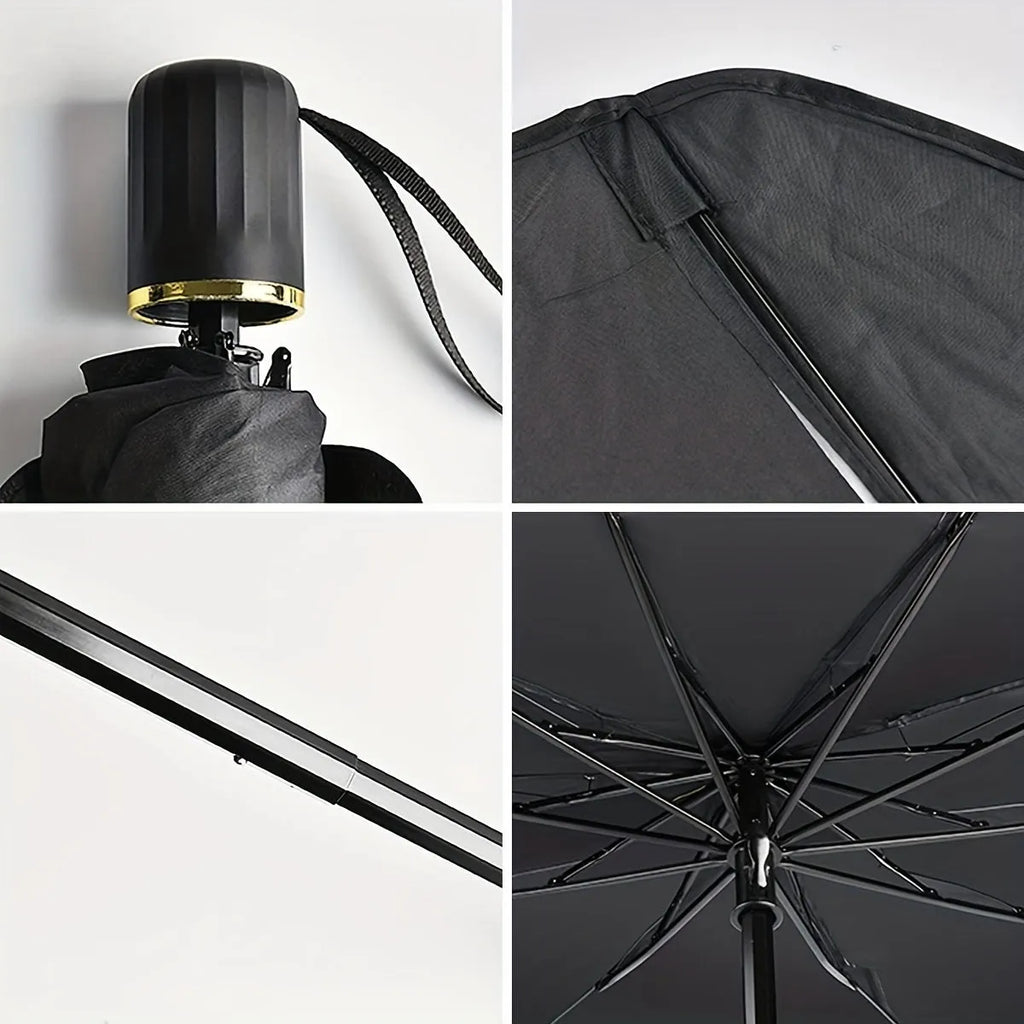 Foldable car windshield sunshade umbrella showing automatic rebound button and composite peptide material