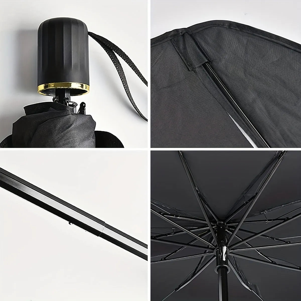 Foldable car windshield sunshade umbrella showing automatic rebound button and composite peptide material