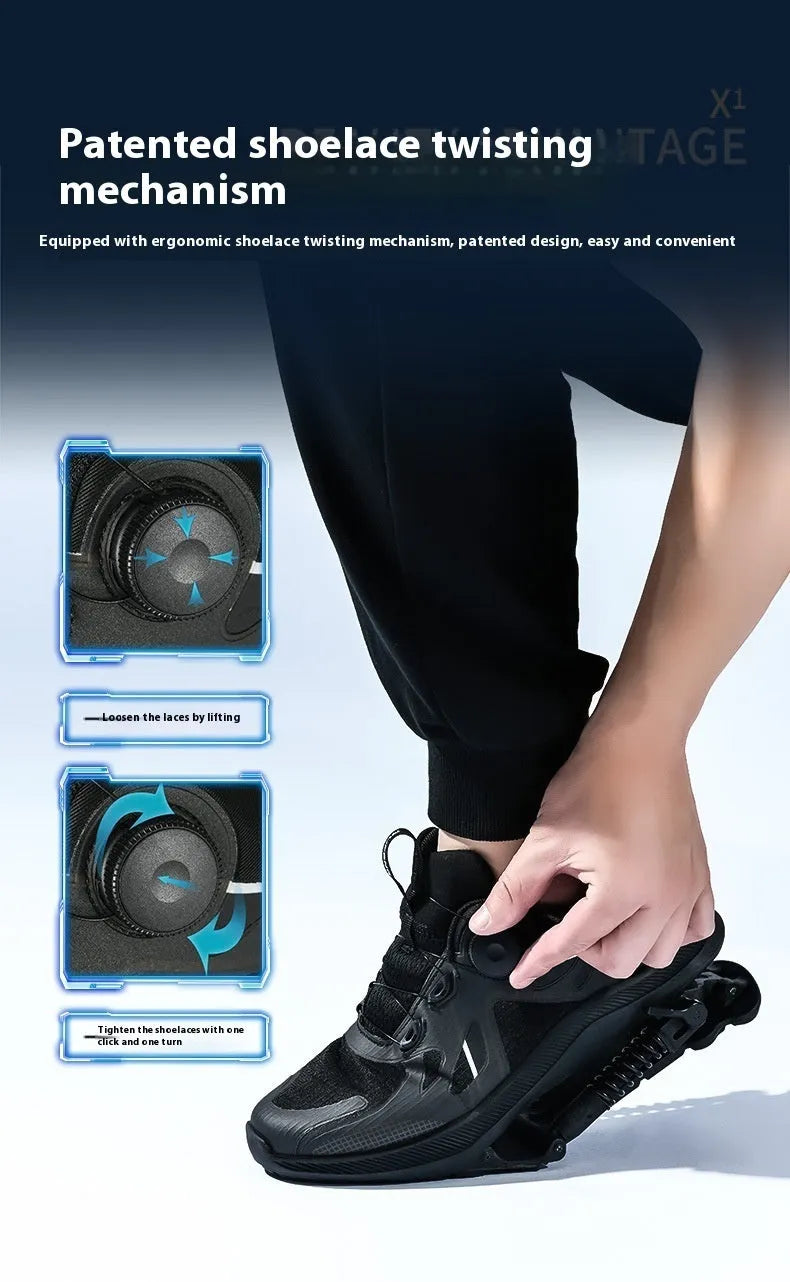 Black unisex running shoes with mesh upper, buckle fastening, and a textured rubber EVA sole.