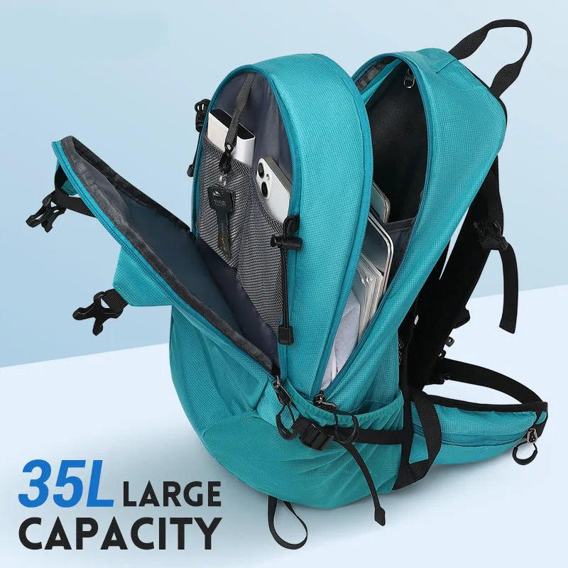 Black waterproof outdoor hiking backpack with physiological curve back plate, shown folded and unfolded.