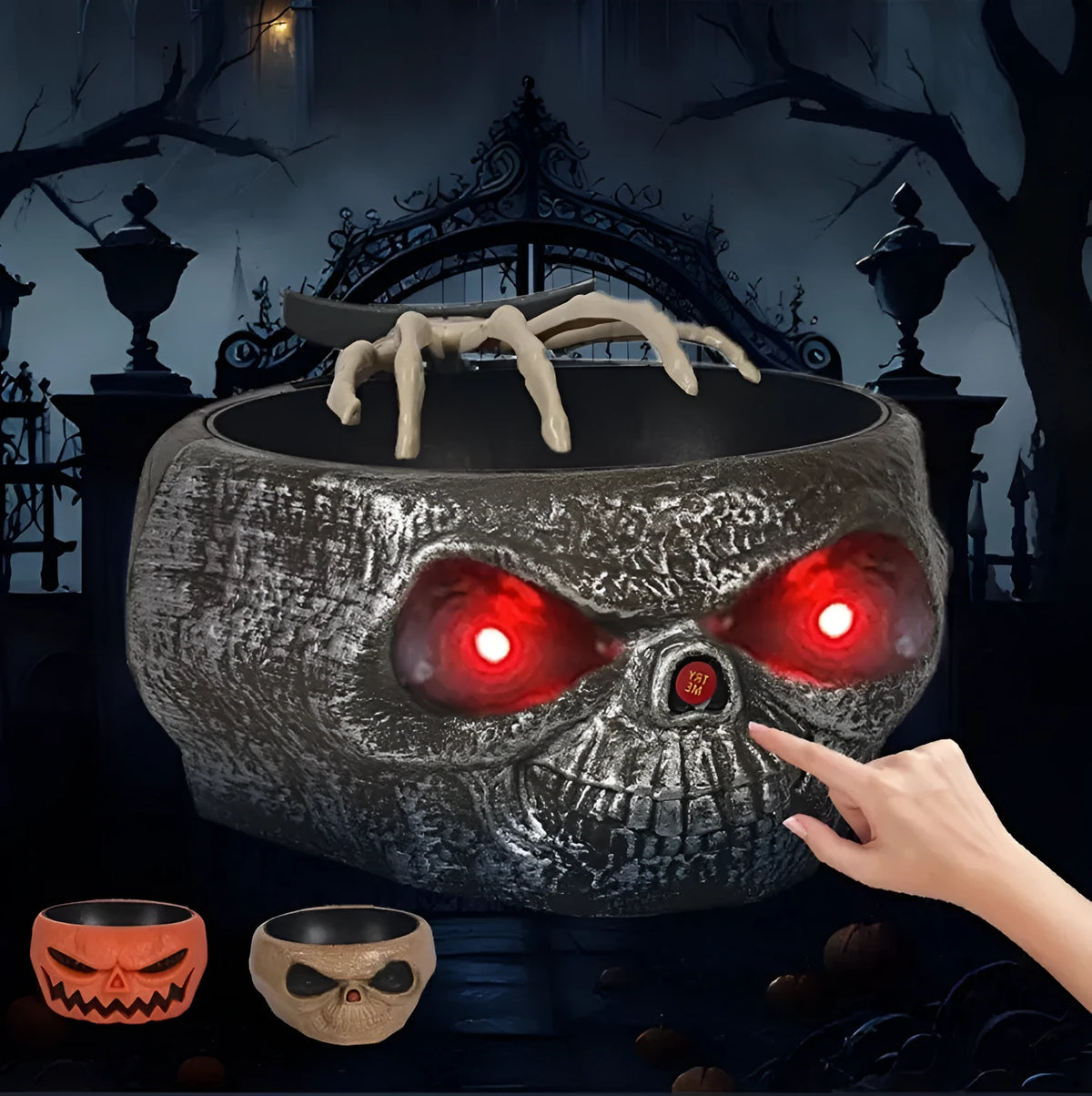 Plastic Halloween candy bowl with motion-activated skeleton hand and lighted red eyes in Grey, Khaki or Pumpkin colour