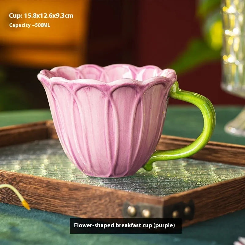Ceramic breakfast cup with floral pattern, 500ml capacity, in red and purple colours.