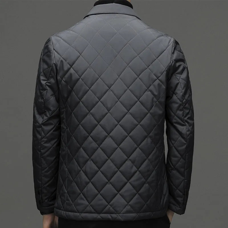 Men's solid colour thick down winter jacket with lapel and side pockets