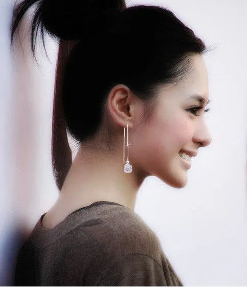 Silver crystal earrings with geometric Korean style design and diamond processed finish