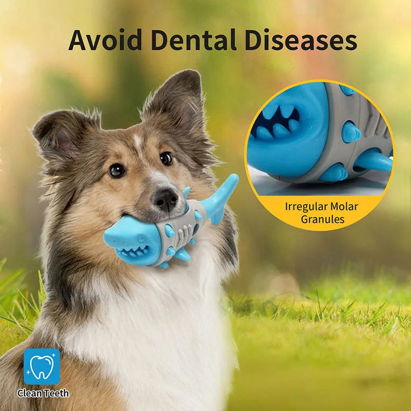 Blue grey yellow dog teething toy with shark-tooth pattern and bite-resistant rubber construction
