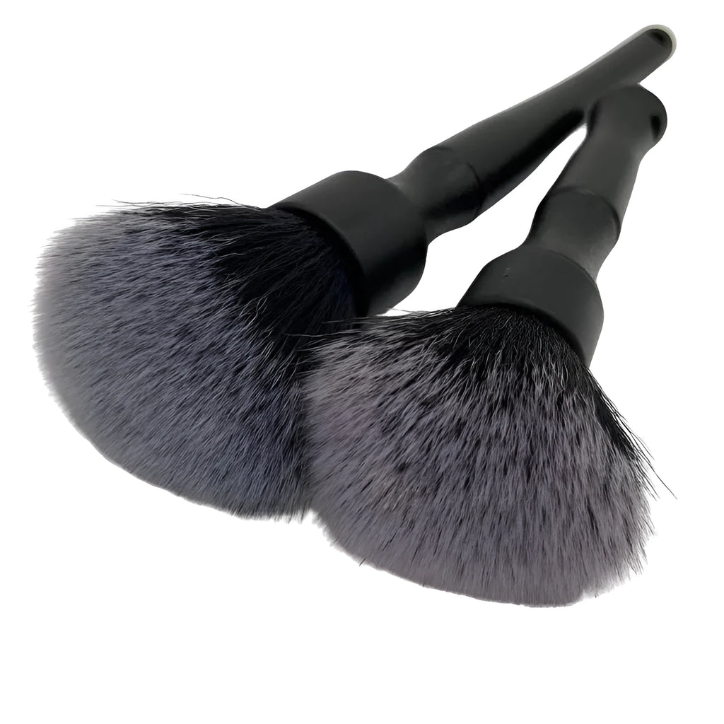 Black car detailing brush with soft pig hair bristles and polypropylene handle