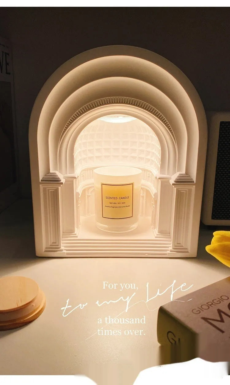 White retro gypsum bedside night light with custom graphic front and aromatherapy function.