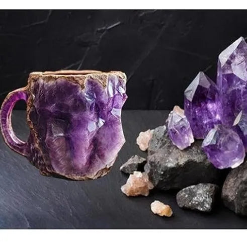 Purple resin coffee mug with handle showing crystal-like texture, 10cm tall.