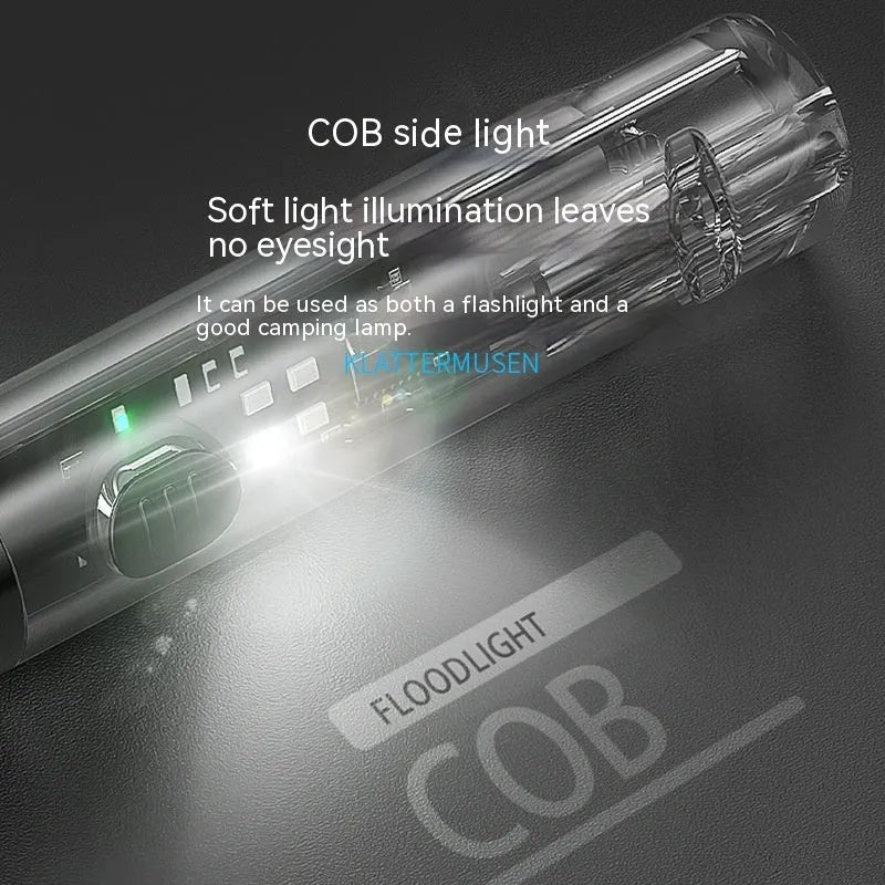 Black plastic portable flashlight with USB charging port.