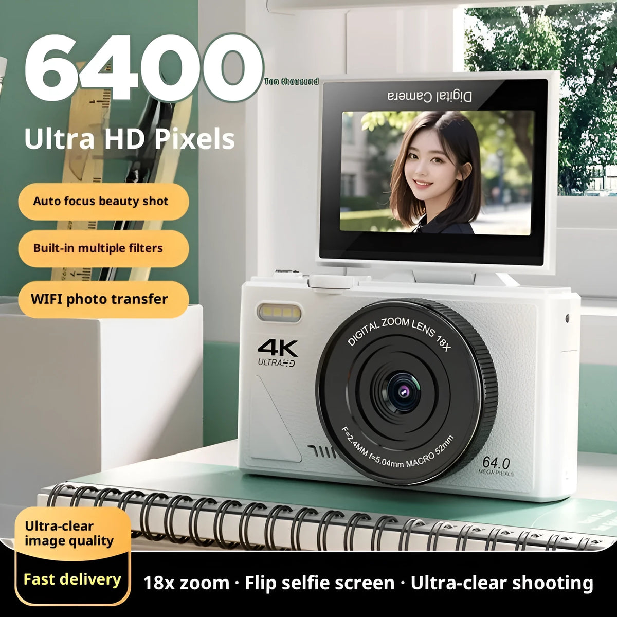 Compact CCD HD digital camera with WiFi transmission, full HD screen, 11.5cm x 4.6cm x 6.95cm, in black, pink, or white