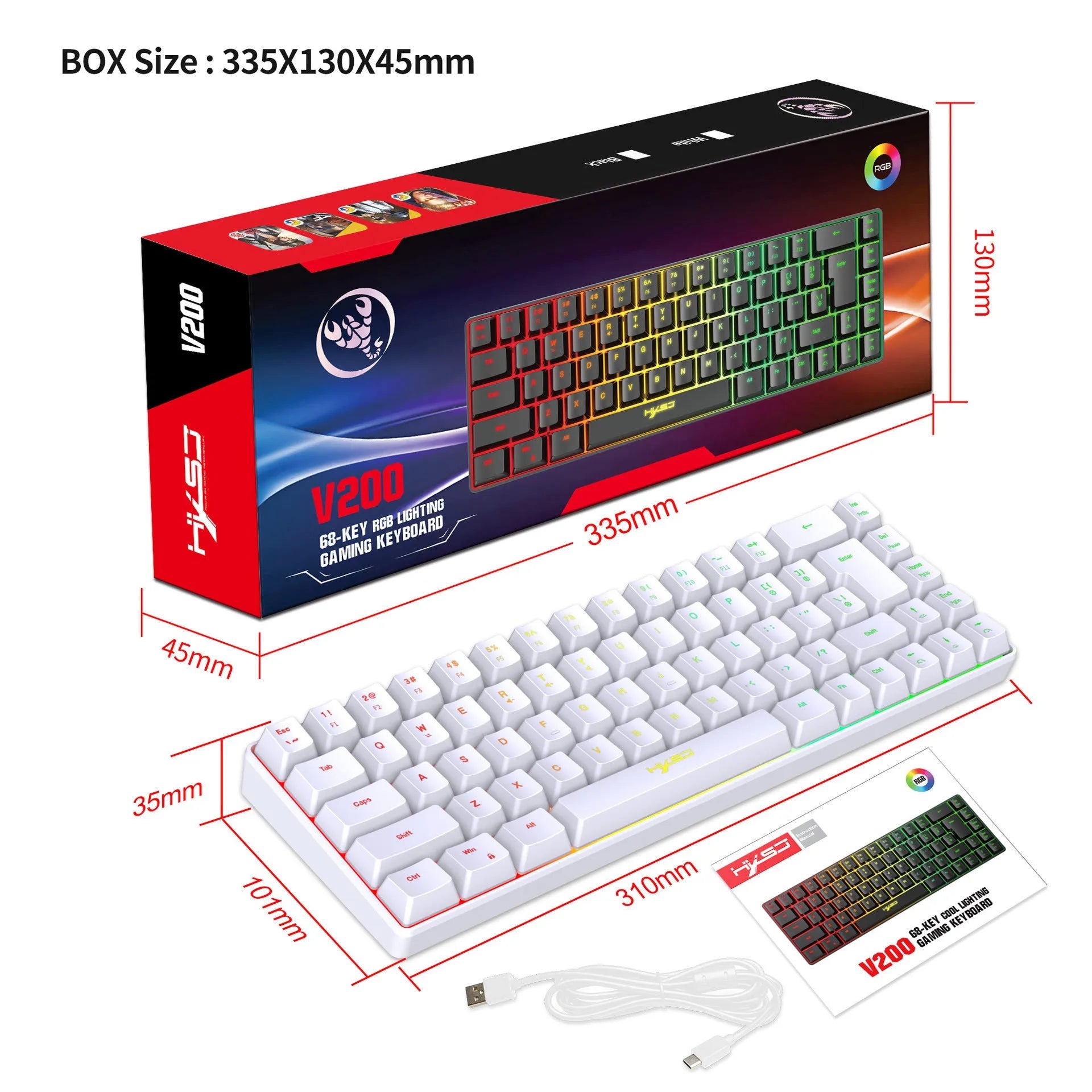 Black V200 membrane gaming keyboard with 68 keys, mechanical feel, wired USB cable