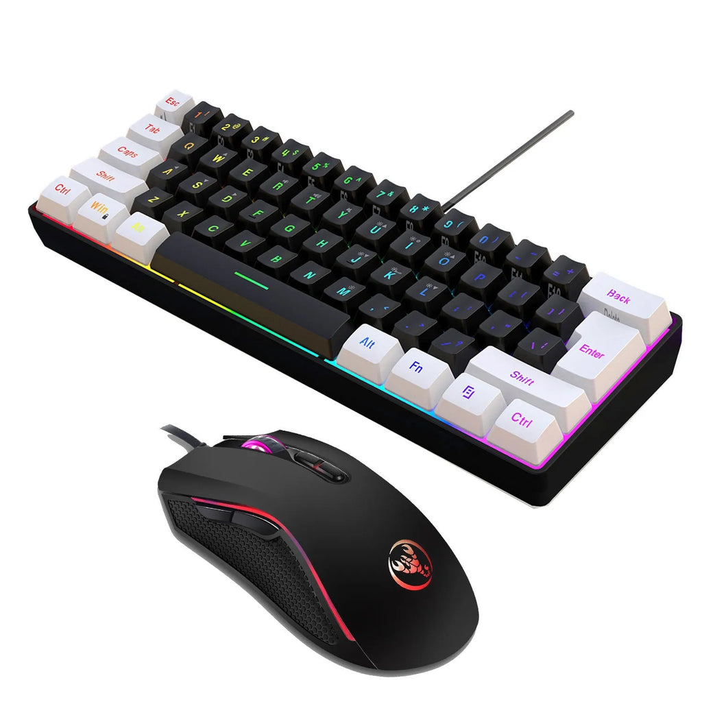V700WB A869 white and black wired backlit gaming keyboard and mouse combo on a desk.