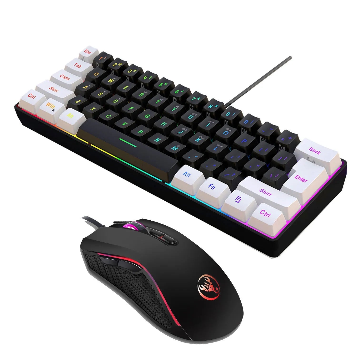 V700WB A869 white and black wired backlit gaming keyboard and mouse combo on a desk.
