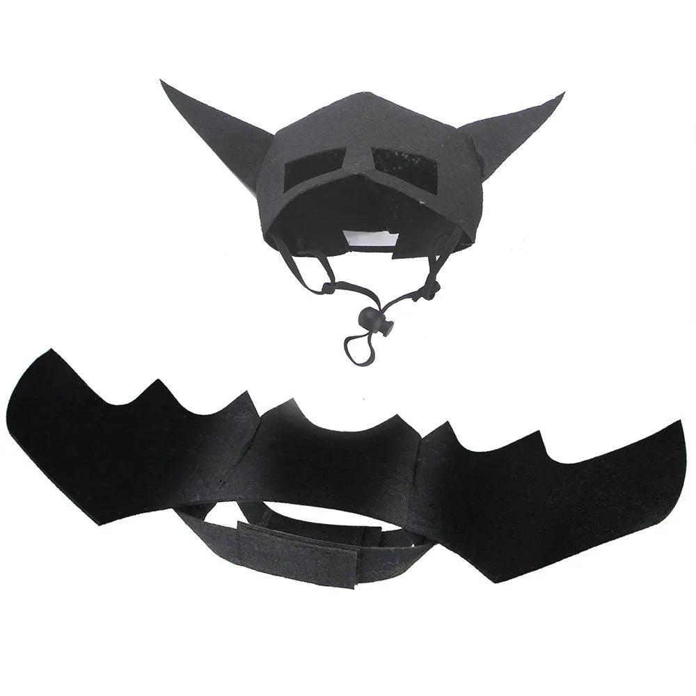 Halloween pet mask bat wings corset set in cloth fabric for dogs and cats, with adjustable neck and bat design
