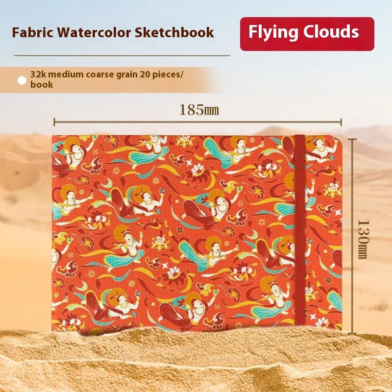 Feiluniao handmade fabric watercolour sketchbook with decorative cover, 185mm long.