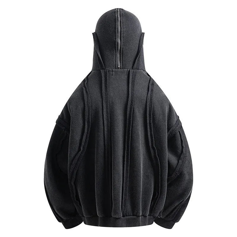 Black cotton padded hooded cardigan coat with zip front and abstract pattern.