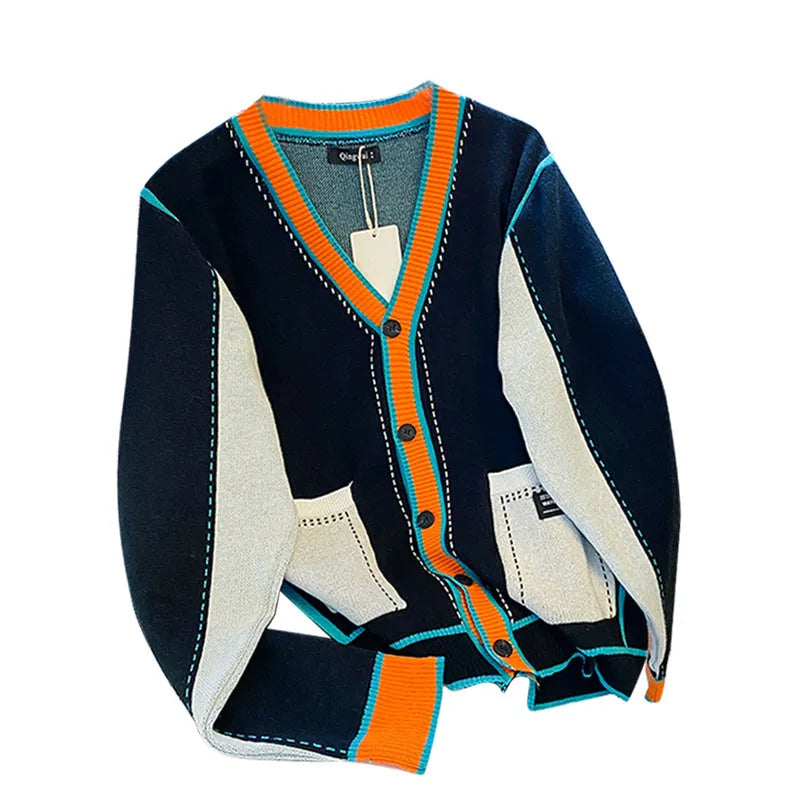 Men's stitching contrast colour knitted coat cardigan in black, front view, long sleeve