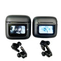 Black wireless in-ear headphones with a touch screen panel on the earpiece.