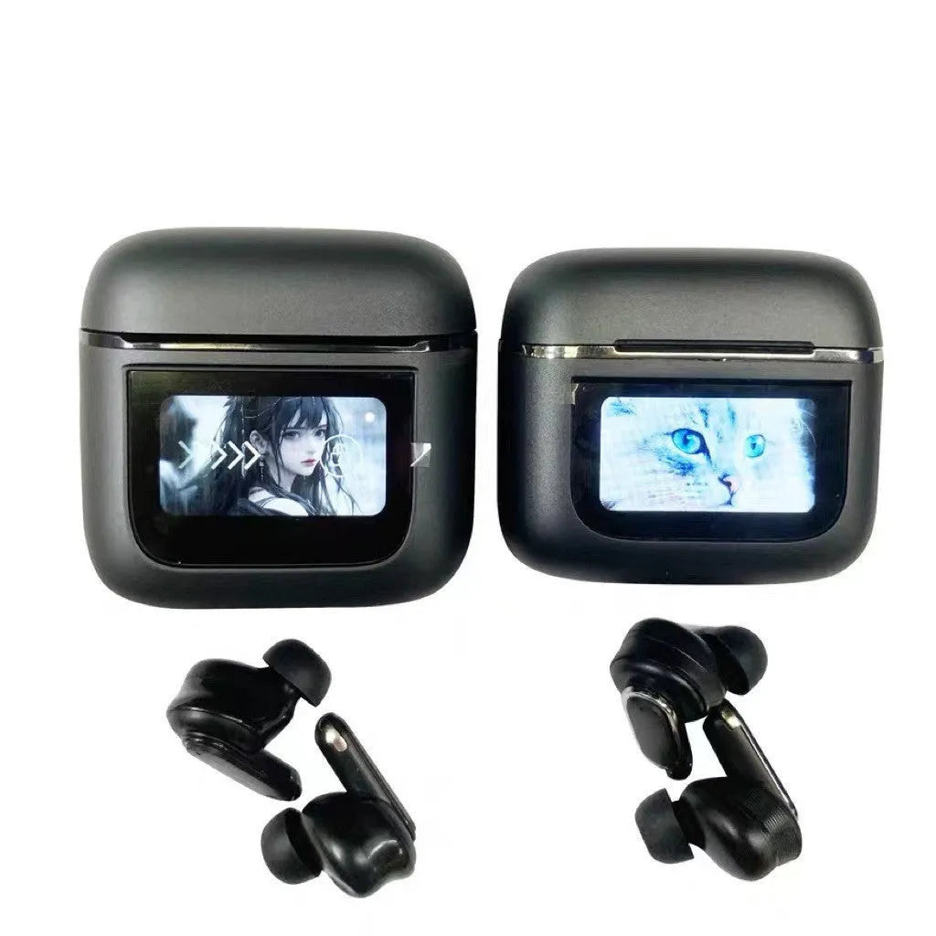 Black wireless in-ear headphones with a touch screen panel on the earpiece.