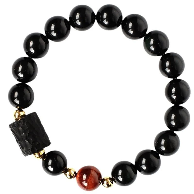 Obsidian bracelet with 10mm tiger eye beads in unisex couple design