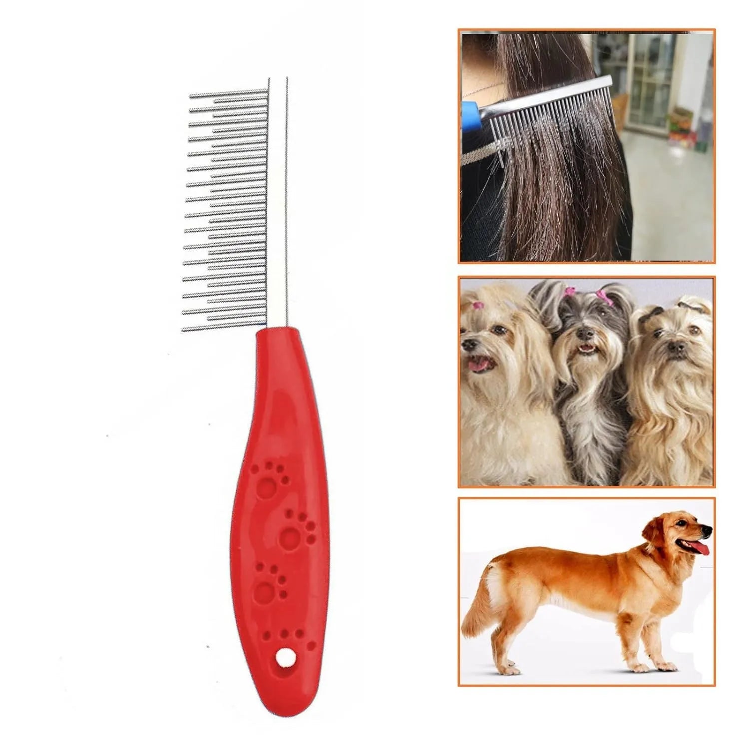 Red handled pet grooming comb with long and short stainless steel pin teeth for dematting.