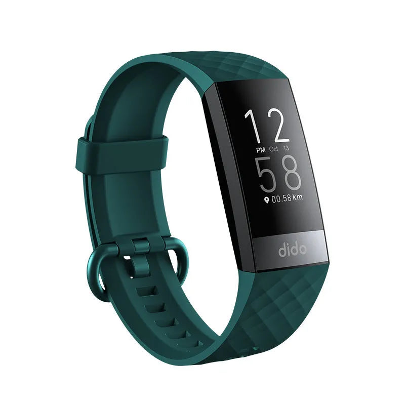 Black smart health bracelet with a 1.1-inch screen displaying heart rate and blood oxygen data on a wrist.